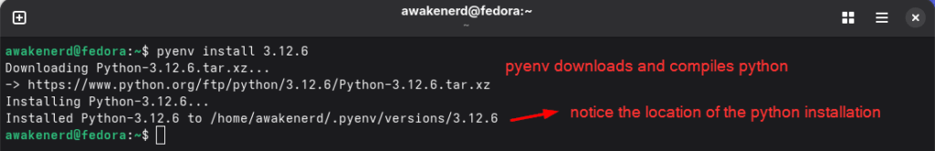 how to install python with pyenv on fedora 43