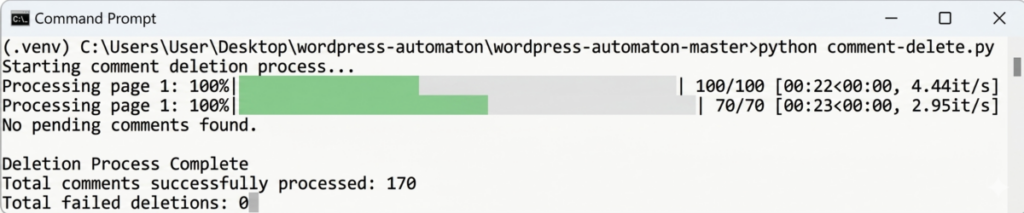 bulk delete wordpress pending comments with python
